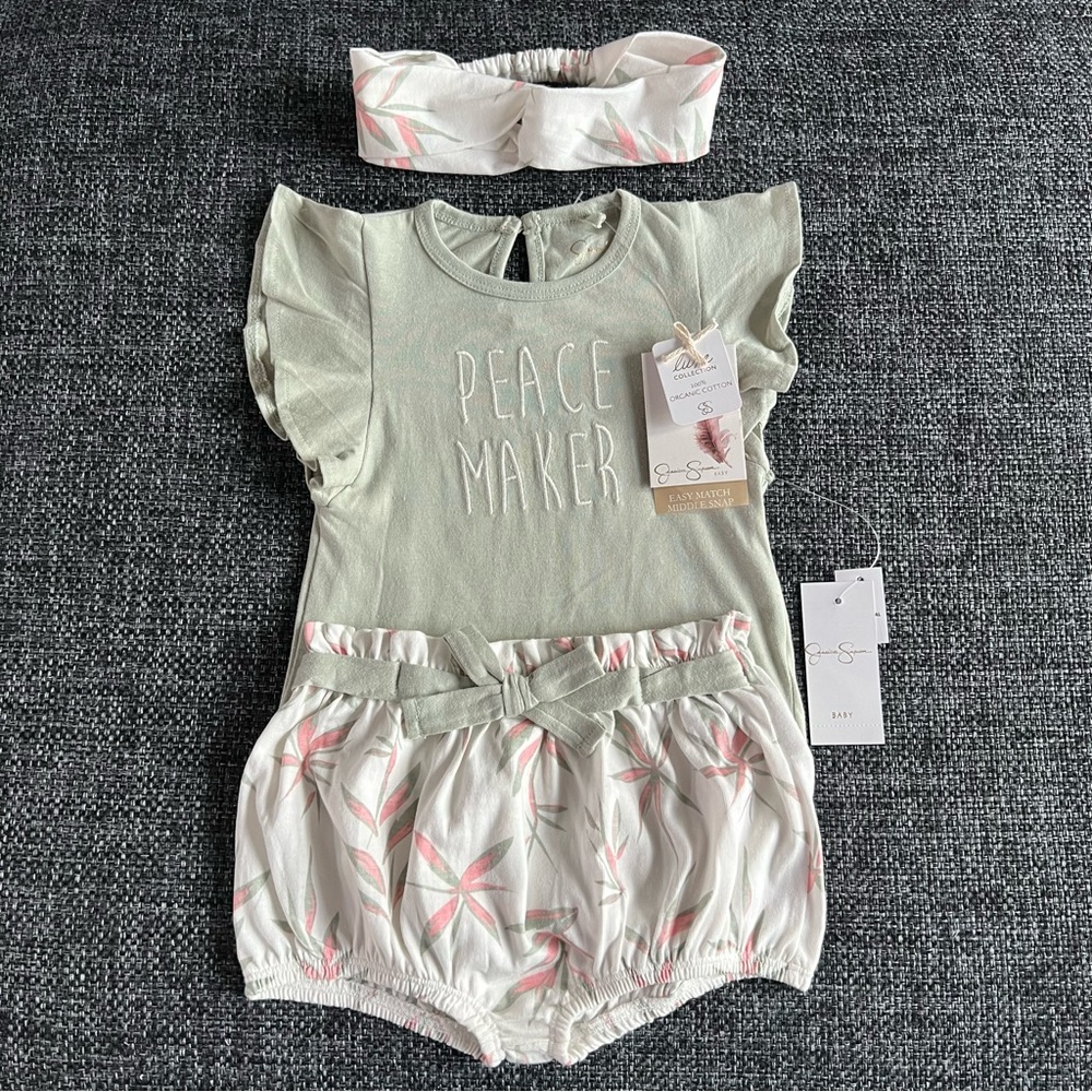 NWT Jessica Simpson Luxe Collection Sage Tropical 3 Piece Set Size 24 Months